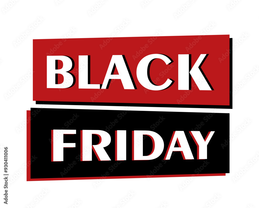 Black friday label. Text in red and black squares. Discounts and promotions. Ecommerce and marketing. Template and layout. Flat vector illustration isolated on white background Black friday label. Text in red and black squares. Discounts and promotions. Ecommerce and marketing. Template and layout. Flat vector illustration isolated on white background