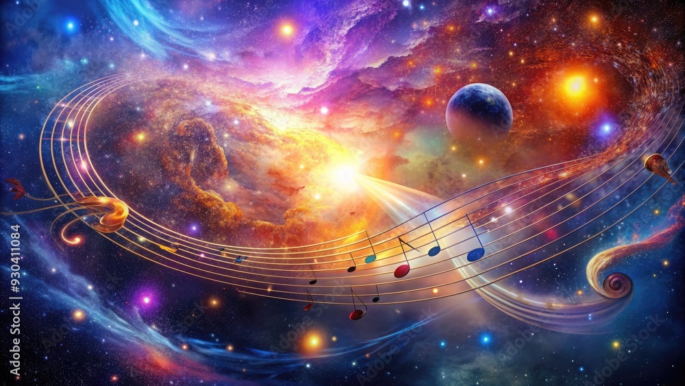 Fototapeta premium Celestial music notes and swirling galaxies merge in a vibrant, cosmic dance, symbolizing the harmony and unity of the universe and its mysterious rhythms.