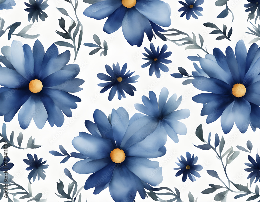 Watercolor blue daisy flowers background Watercolor blue daisy flowers background