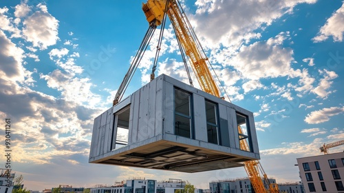 Heavy-duty crane lifting a prefaricated section of a uilding into place, focusing on precision and strength. photo