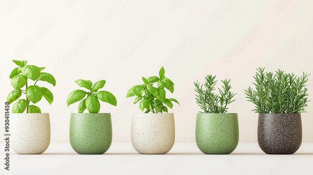 Organic herb garden, pots with fresh basil, mint, and rosemary, 3D illustration v2 Organic herb garden, pots with fresh basil, mint, and rosemary, 3D illustration v2