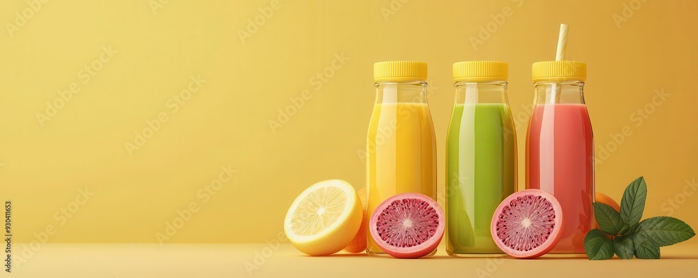 Fototapeta premium Organic juice bottles, made from fresh fruits, 3D illustration v2