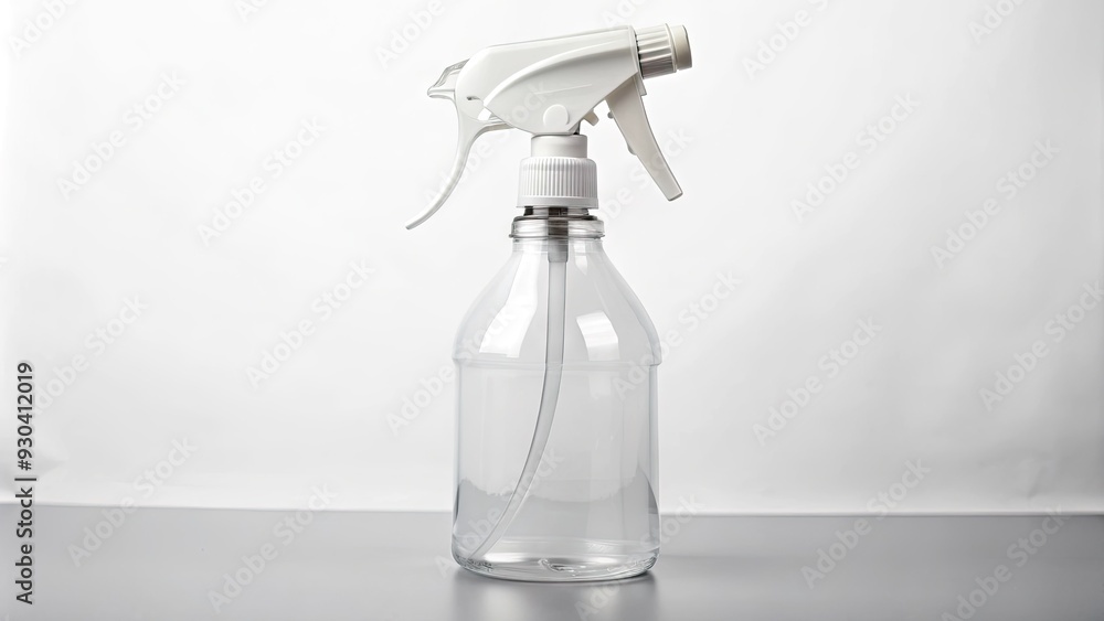 Clear plastic spray bottle with a white trigger handle stands alone on a clean white background, ready for use with various household or industrial liquids. Clear plastic spray bottle with a white trigger handle stands alone on a clean white background, ready for use with various household or industrial liquids.