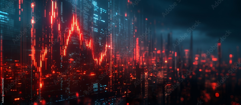 Fototapeta premium A digital visualization of fluctuating data trends in a futuristic cityscape.