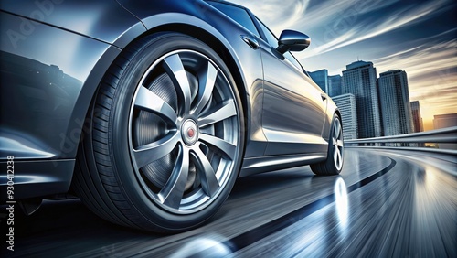 Close-up of a car's sleek, silver front wheels and tires against a blurred background, emphasizing modern automotive design and motion dynamics. photo