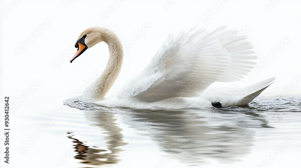 Obraz premium White mute swan swimming gracefully on calm water with a soft reflection against a high-key white background.