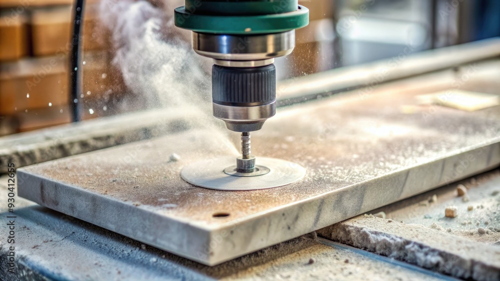 Close-up of a drill grinding stone being used to create a smooth bevel on a ceramic tile, with dust and debris scattered around the work surface. Close-up of a drill grinding stone being used to create a smooth bevel on a ceramic tile, with dust and debris scattered around the work surface.