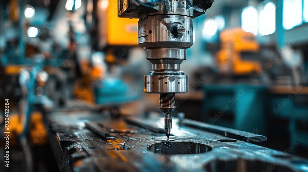 Industrial drill press in a workshop, ready to ore through metal, emphasizing strength and accuracy. Industrial drill press in a workshop, ready to ore through metal, emphasizing strength and accuracy.