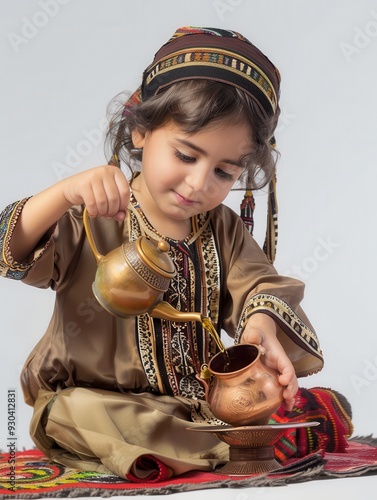 Authentic Middle Eastern Hospitality - Child Pouring Tea in Traditional Attire | Cultural Education and Family Gatherings Concept