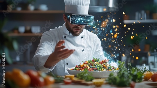 Illustration of a chef using augmented reality glasses to create a detailed dish, virtual ingredients displayed in mid-air, representing the fusion of technology and culinary arts photo