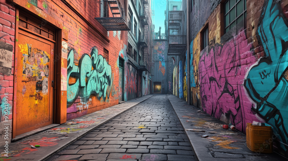 Naklejka premium A vibrant urban alleyway filled with colorful graffiti, showcasing sense of creativity and street art culture. scene evokes feeling of exploration and artistic expression.