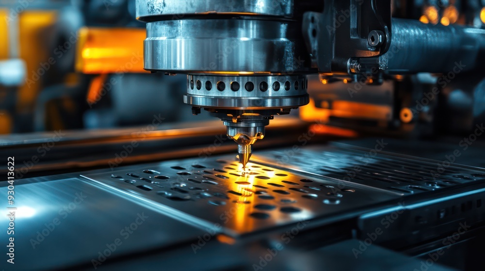 Industrial press machine stamping metal sheets, focusing on the process of shaping and forming materials. Industrial press machine stamping metal sheets, focusing on the process of shaping and forming materials.