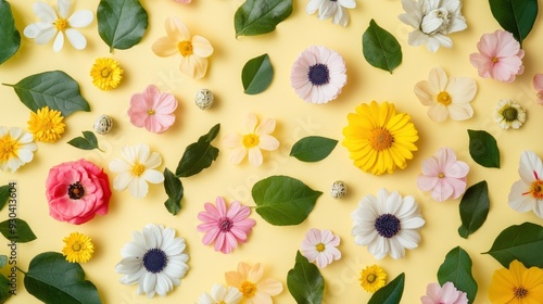 Wallpaper Mural Creative layout made of flowers and leaves. Flat lay. Nature concept. Floral Greeting card. Colorful spring flower background, space for text. Nature Trendy Decorative Design , ai Torontodigital.ca