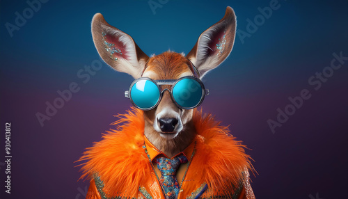 ciervo joven vestido con traje de fiesta naranja, con plumas y gafas retrofuturistas sobre fondo de tono azul