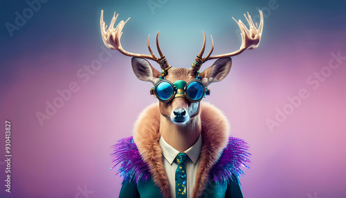 ciervo vestido con traje de fiesta, con plumas y gafas retrofuturistas sobre fondo de tonos malva