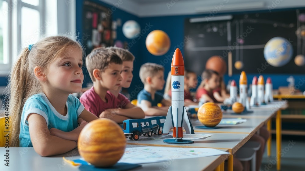 Fototapeta premium A classroom of children learning about space exploration, with models of rockets and planets on their desks.