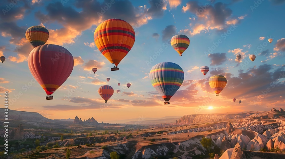 Obraz premium Hot Air Balloons Soaring Over Cappadocia's Unique Rock Formations at Sunset