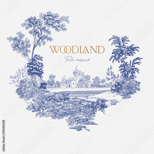 Woodland. Wreath. Toile inspired. Vector vintage illustration. Blue and white