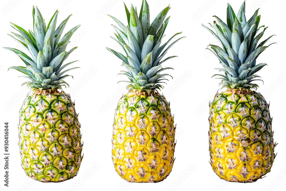 Fresh and vibrant pineapple trio showcasing the tropical fruit's bright colors and textured skin, perfect for culinary or design themes. Fresh and vibrant pineapple trio showcasing the tropical fruit's bright colors and textured skin, perfect for culinary or design themes.