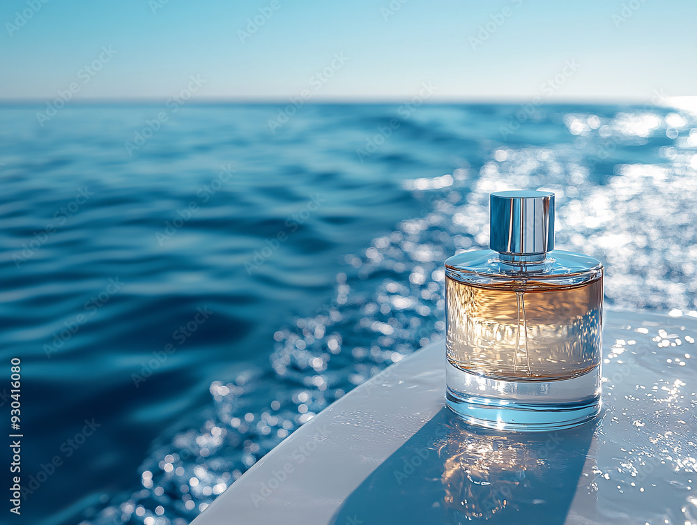 a clear glass perfume with a gold cap, sitting on a white surfboard in the ocean. a clear glass perfume with a gold cap, sitting on a white surfboard in the ocean.