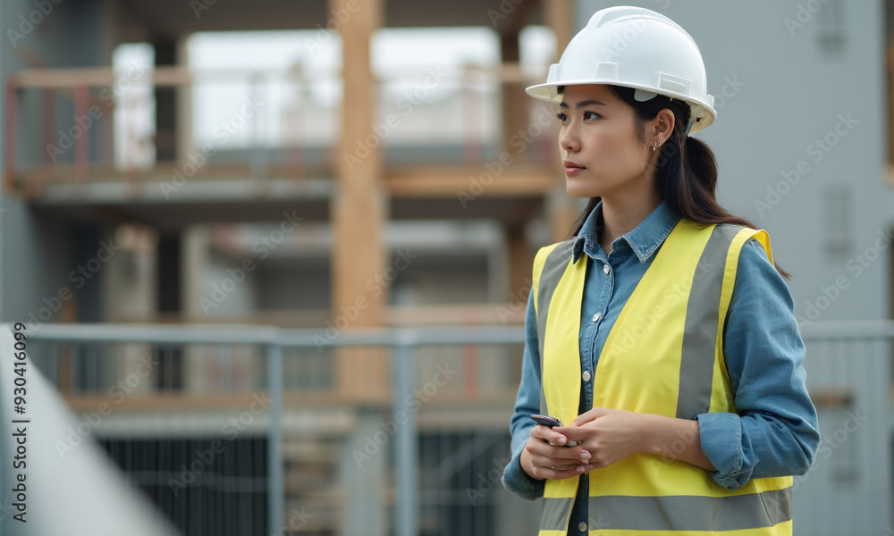 a woman wearing a hard hat stands in front of a construction site. a woman wearing a hard hat stands in front of a construction site.