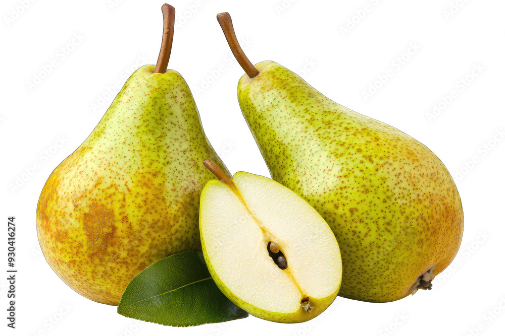 Fresh green pears with a slice revealing juicy interior and seeds, ideal for healthy eating lifestyle and natural food concepts. Fresh green pears with a slice revealing juicy interior and seeds, ideal for healthy eating lifestyle and natural food concepts.