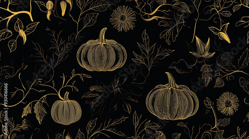 harvest Seamless pattern background with simple pumpkins on a black background. 