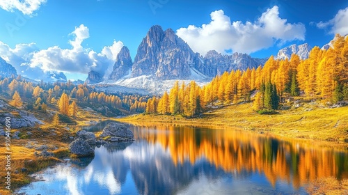 Fantastic sunny day on the lake Antorno in National Park Tre Cime di Lavaredo. Location Dolomiti alps, Province of Belluno, Italy, Europe. Perfect photo wallpapers. Discover the beauty of earth , ai