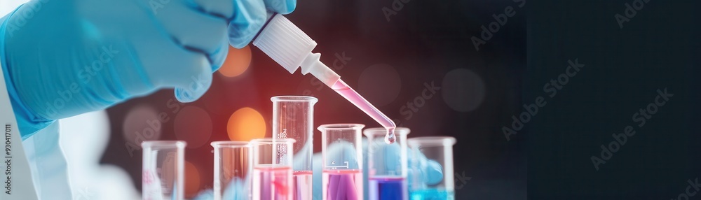 Scientist pipetting a glowing liquid into test tubes in a darkened lab, breakthroughs in bioluminescent studies Scientist pipetting a glowing liquid into test tubes in a darkened lab, breakthroughs in bioluminescent studies