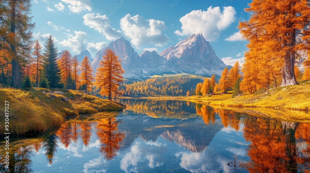 Naklejka premium Fantastic sunny day on the lake Antorno in National Park Tre Cime di Lavaredo. Location Dolomiti alps, Province of Belluno, Italy, Europe. Perfect photo wallpapers. Discover the beauty of earth , ai