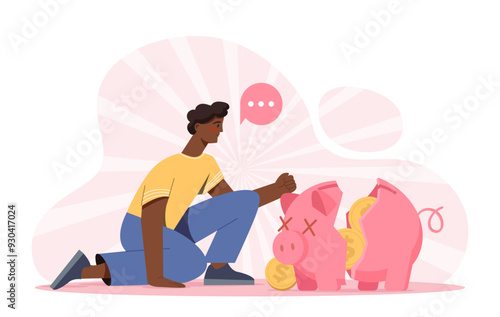 Man with broken piggy bank. Young guy breaks piggy bank with gold coins. Economic problems and crisis, inflation. Businessman with bankruptcy. Flat vector illustration isolated on white background