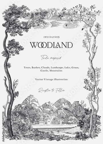 Woodland. Invitation. Toile inspired. Vector vintage illustration. Black and white 
