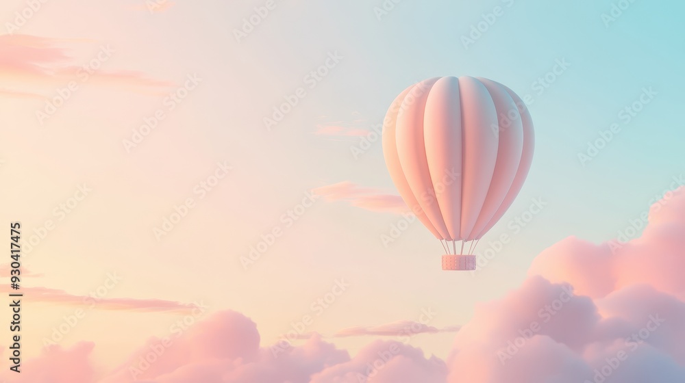 Obraz premium A serene hot air balloon floats in a pastel sky, surrounded by fluffy clouds.