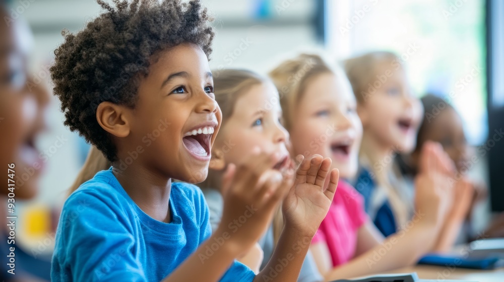 Diverse group of children in a classroom, enthusiastically participating in a lesson about future technology. Diverse group of children in a classroom, enthusiastically participating in a lesson about future technology.