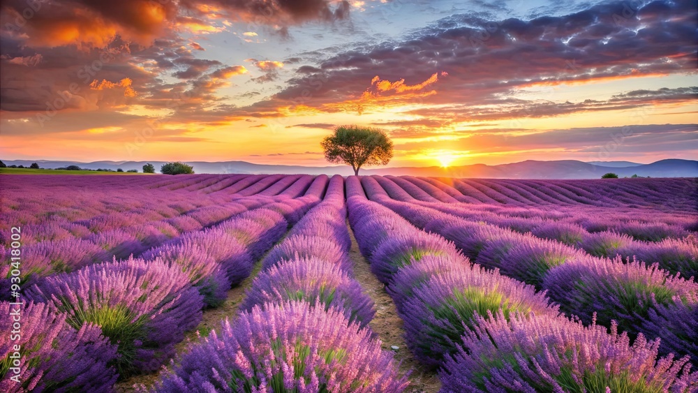 Lavender fields blooming at sunset in Valensole, Provence Lavender fields blooming at sunset in Valensole, Provence