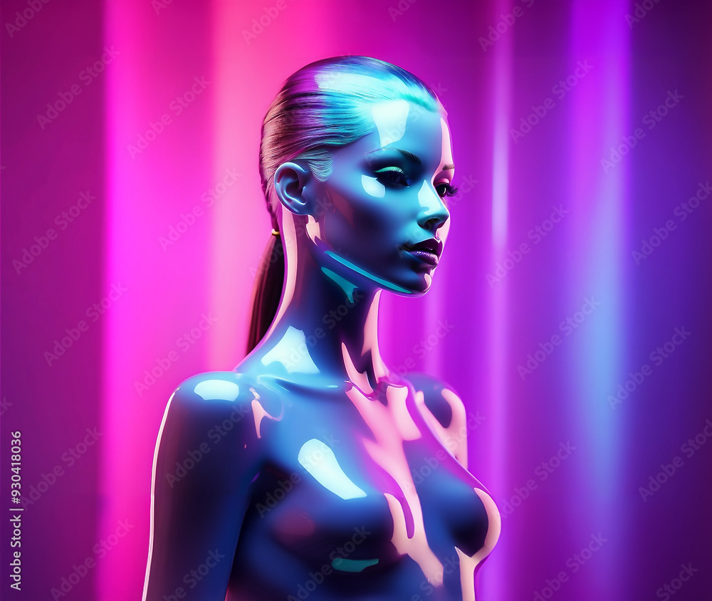 Stylish Cyberpunk Woman with Metallic Skin and Neon Glow Stylish Cyberpunk Woman with Metallic Skin and Neon Glow