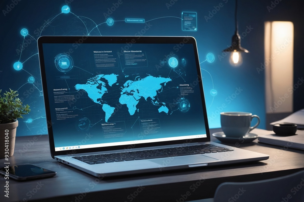 Laptop with world map and blue icons on screen on desk Laptop with world map and blue icons on screen on desk