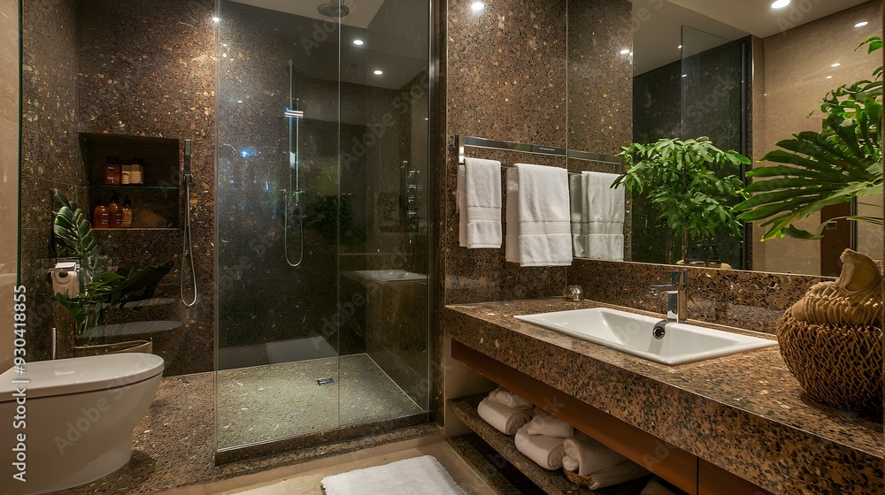 Fototapeta premium Pristine and Polished Bathroom with Gleaming Glass Shower and Granite Flooring
