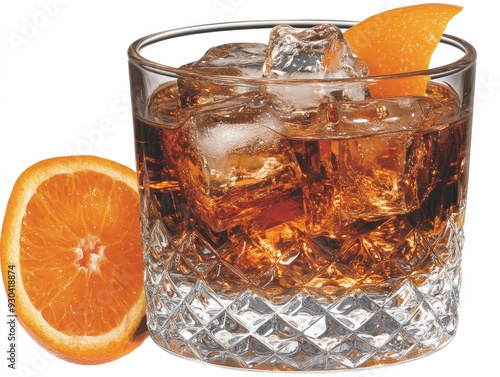 A refreshing glass of whiskey with ice and an orange peel seen from a low angle The drink is in a diamondpatterned glass and the orange peel is in focus photo