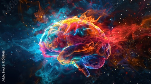 A vibrant, abstract representation of a brain surrounded by colorful smoke and light.