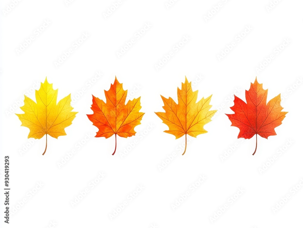 Autumnal Gradient Four Maple Leaves in a Row From Yellow to Red Isolated on White Background Autumnal Gradient Four Maple Leaves in a Row From Yellow to Red Isolated on White Background