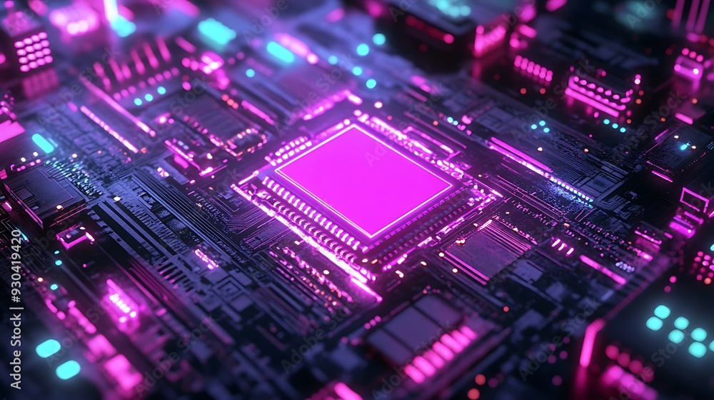 Illuminated Motherboard with a Pink CPU Illuminated Motherboard with a Pink CPU