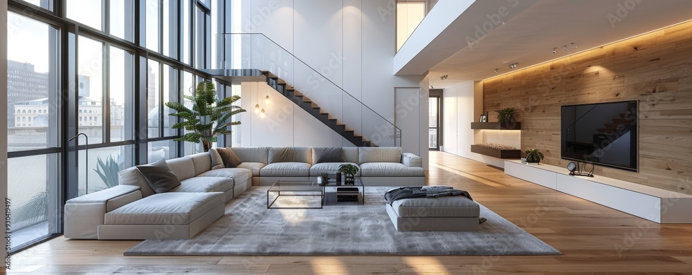 Fototapeta premium Serene Elegance: Loft-Style Luxury Apartment with Minimalist Interior and Abundant Natural Light