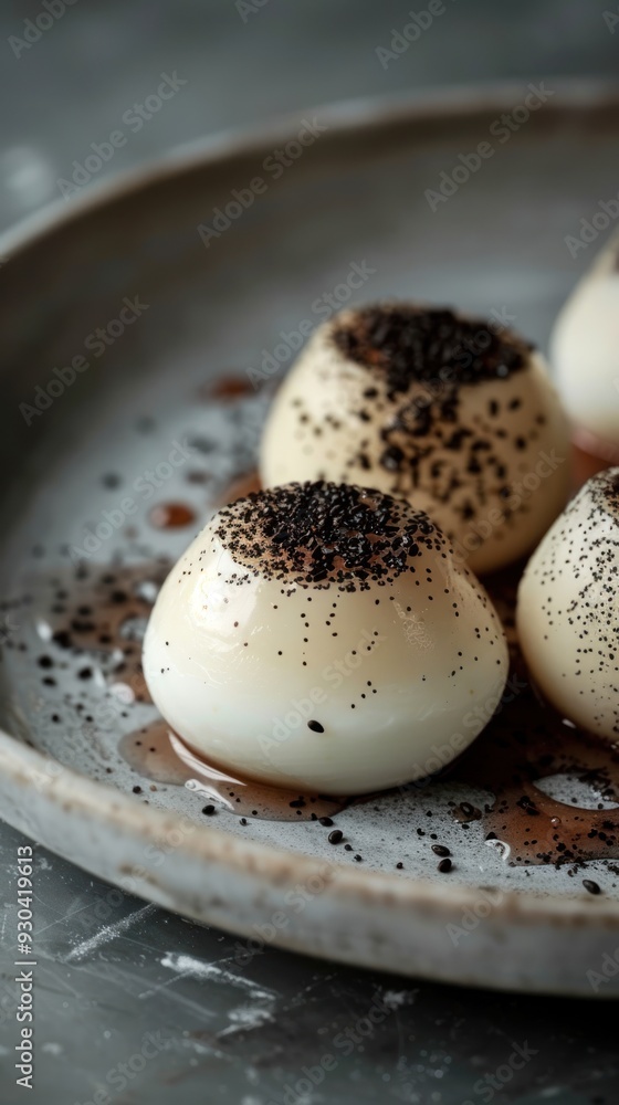 Close-up of eggs with black sprinkles. Close-up of eggs with black sprinkles.