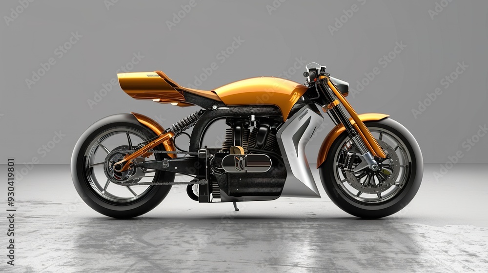Modern custom motorcycle with gold paint and carbon fiber accents. Modern custom motorcycle with gold paint and carbon fiber accents.