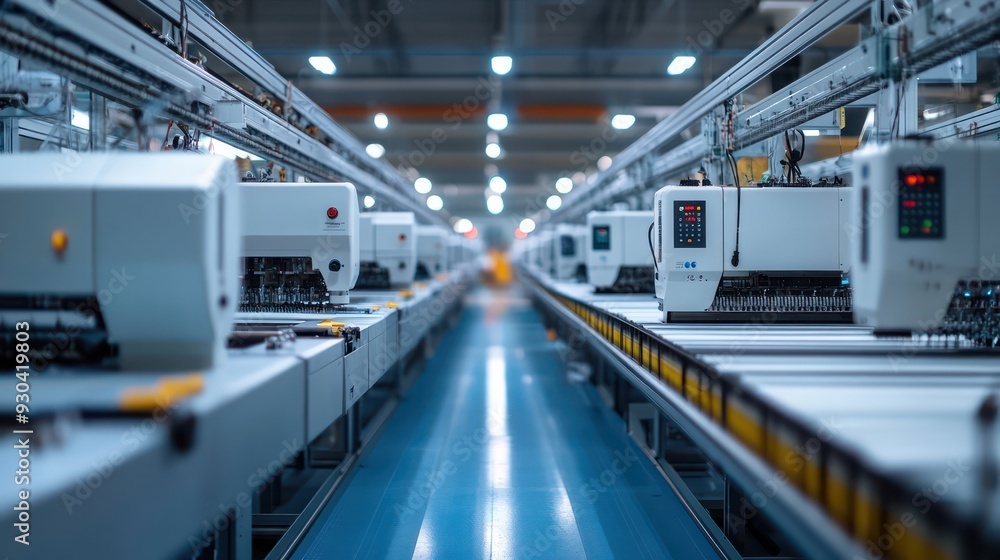 Modern textile factory with rows of automated sewing machines, highlighting innovation in mass garment production. Modern textile factory with rows of automated sewing machines, highlighting innovation in mass garment production.