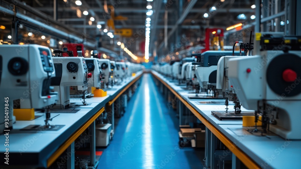 Modern textile factory with rows of automated sewing machines, highlighting innovation in mass garment production. Modern textile factory with rows of automated sewing machines, highlighting innovation in mass garment production.