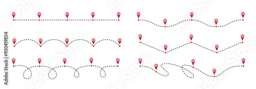 Roadmap path. Timeline dashed line, way route chart and road steps with pin points for customer journey business infographic design. Success process diagram vector set. Pathway and options for report.