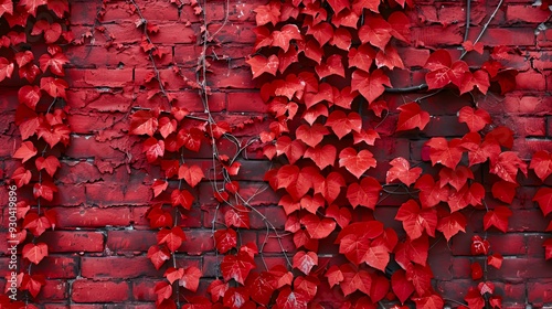 A vibrant red ivy climbing on a textured brick wall, creating a striking visual contrast.