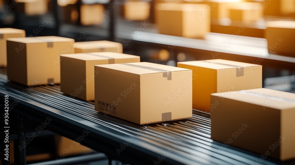 Conveyor Belt of Cardboard Boxes A Close Up Perspective Conveyor Belt of Cardboard Boxes A Close Up Perspective
